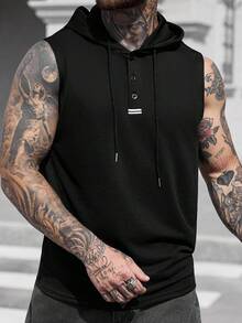 Manfinity CasualCool 男士纯色纯色简约连帽日常无袖针织背心，适合运动锻炼 - 黑色 - 查看 1