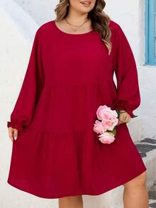 SHEIN CURVE+ Curve 加大码 US22 音乐节、海滨度假、波西米亚风 CURVE PLUS // 复古豹纹宽松圆领长袖连衣裙，适合秋冬季穿着 - 紅色 - 查看 8