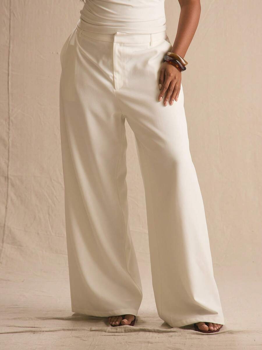 MUSERA Low Rise Tailored Slouchy Fit Straight Leg Trousers Spring Summer Elegant Easter Cute Vacation Casual Everyday Easter Spring Outfit Casa De Muse - White - View 1