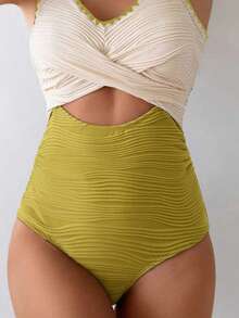 SHEIN Swim 女士连体泳衣，波浪纹性感欧美风保守交叉绑带沙滩泳装 - 彩色 - 查看 5