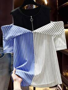 GlowEve CURVE Áo sơ mi cổ tròn kẻ sọc màu cỡ lớn dành cho nữ - Nhiều màu - Xem 1