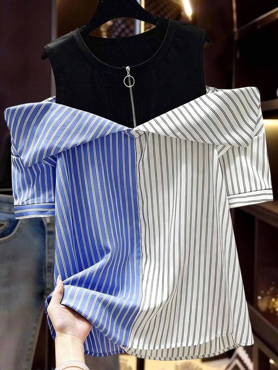 GlowEve CURVE Áo sơ mi cổ tròn kẻ sọc màu cỡ lớn dành cho nữ - Nhiều màu - Xem 1