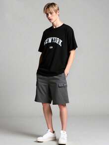 Mirajuku Bộ 2 món dành cho bé trai tuổi teen, gồm áo thun cổ tròn in chữ và quần short kaki, thích hợp mặc đi làm hàng ngày và chơi thể thao. - màu đen - Xem 9