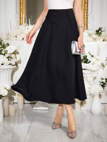Modelyn Elegant Commuter Waist Folding Women's Skirt - Black - View 1
