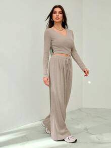 SHEIN Tall Khaki Casual Ribbed Long Sleeve T-Shirt And Pants Set - Khaki - View 7