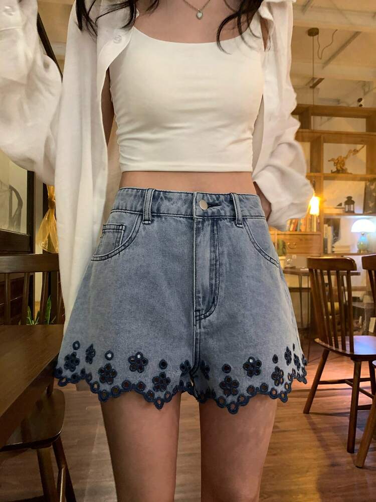 Women's Hollow Embroidered Korean Style Summer Sexy Versatile Denim Shorts Jorts