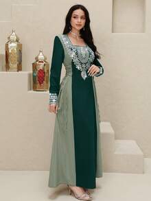 SHEIN Najma Đầm kiểu Ả Rập thanh lịch dành cho nữ, cổ vuông, thắt eo, đính sequin, thích hợp cho mùa xuân và mùa thu. - Màu xanh lá cây đậm - Xem 3