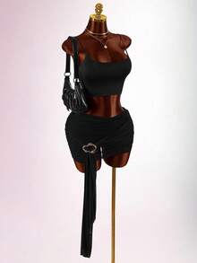 Amplova Women's Mesh Ruched Wrap Tie Bodycon Mini Skirt, Versatile Sexy Avant-Garde Metal Buckle Mini Skirt Suitable For Dates - Black - View 12