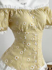 Elamini Women's Summer Minimalist Sexy Daisy Print Off-Shoulder Ruffle Trim Short Sleeve Blouse - Pale Yellow - View 5