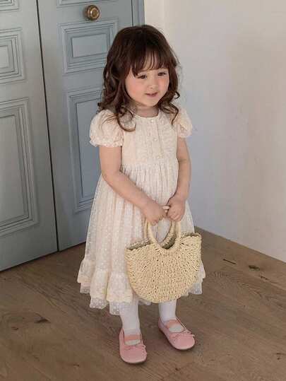 DAZY Infant/Toddler Girls' Korean Style Puff Sleeve Birthday Party Pearl Button Decorated Formal Dress