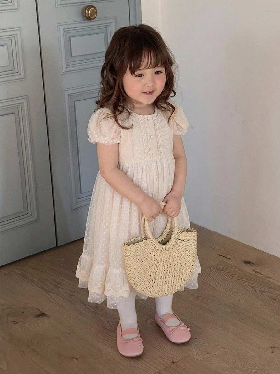 DAZY Gaun Pesta Ulang Tahun Gaya Korea untuk Bayi Perempuan, Gaun Formal dengan Hiasan Kancing Mutiara dan Lengan Mengembang, untuk Balita. - Berwarna merah muda - View 1