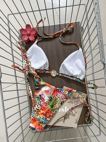 Bonvoyette 2-Piece Swimwear, Random Seashell Print Halter Triangle Bra Top And Side Tie Bottoms Sexy Bikini Set For Summer Beach Vacation - Multicolor - View 3