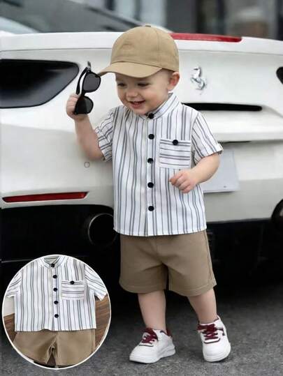 Baby Boy Summer Fashion Versatile Stand Collar Short Sleeve White Shirt Paired With Casual Minimalist Shorts Set, Suitable For Vacation, Travel, Gatherings And Parties