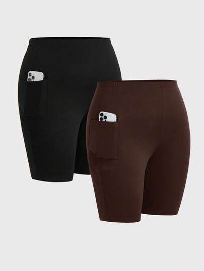 SHEIN Essnce Pantalones cortos deportivos informales de verano con bolsillos para mujer talla grande, 2 paquetes, pantalones cortos negros, mallas de verano, pantalones de estar en casa, pantalones cortos de verano, pantalones cortos para curvas, pantalones cortos tipo leggings, pantalones cortos tipo biker