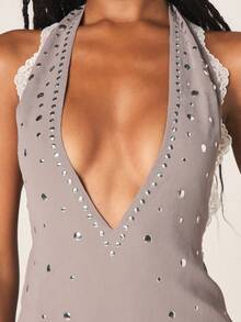 MISSGUIDED Chiffon Halter Neck Mini Dress With Rhinestone Studded Details And Delicate Lace Trim Edges Backless Party Bodycon Evening - Grey - View 2