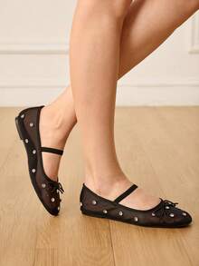 CUCCOO HITCHD French Ballet Shoes, Women's Shoes, New Spring/Summer Rhinestone Black Mesh Breathable Bow Tie Mary Jane Flat Shoes, Wedding Season - Black - View 5