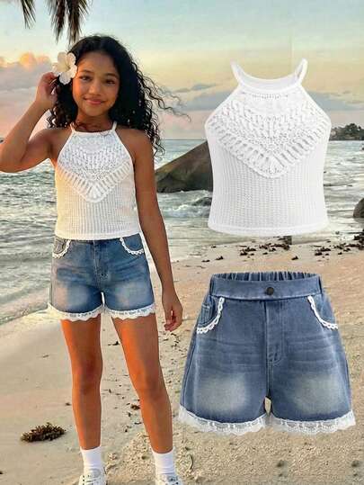 Sparklyn Tween Girls' Solid Color Camisole & Lace Trim Shorts Set