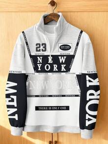 Aesthetic Post 美式街头风，复古拼接图案，纽约字母，半拉链男士休闲套头衫 - 彩色 - 查看 3