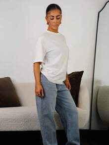 SAYEHFBABY Women's Loose Casual Round Neck Basic Short Sleeve Top, Autumn/Winter - White - View 5