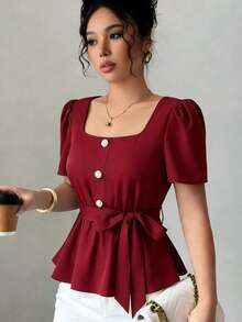 GlowEve New Arrival Wine Red Square Collar Cinched Waist Ruffle Hem Pearl Button Casual Commuter Versatile Elegant Slim Fit Blouse For Women - Red - View 8