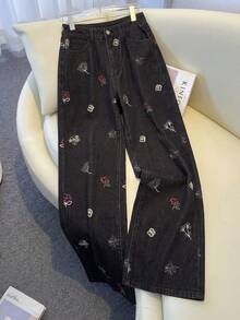 GlowEve Women's Embroidered Slant Pocket Casual Versatile Wide-Leg Jeans - Black - View 1