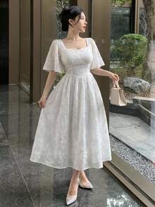 DAZY Đầm ren thiết kế kiểu Pháp cổ vuông khoét rỗng, đầm dài thanh lịch tôn dáng cho nữ, đầm dự tiệc cưới, đầm maxi mùa hè cho nữ. - trắng - Xem 1