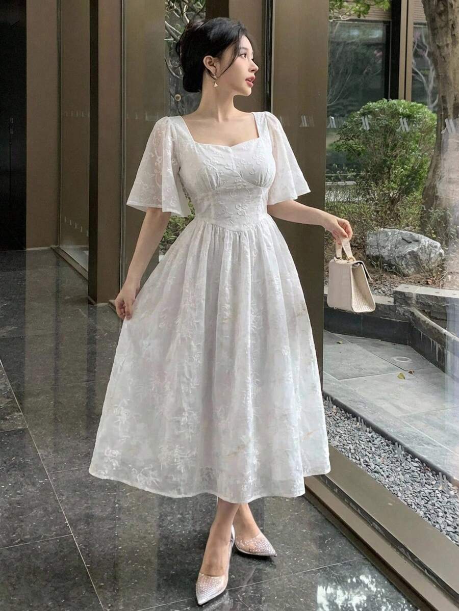 DAZY Đầm ren thiết kế kiểu Pháp cổ vuông khoét rỗng, đầm dài thanh lịch tôn dáng cho nữ, đầm dự tiệc cưới, đầm maxi mùa hè cho nữ. - trắng - Xem 1