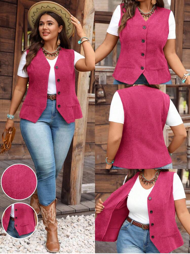 Plus Size Women's Casual, Vacation, Daily, Commute Solid Color Corduroy Vest, Spring/Summer/Autumn