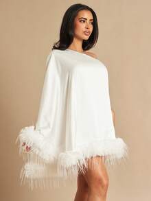 女士优雅拼接毛边无袖连衣裙 - 白色 - 查看 5