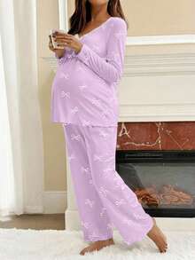 SHEIN 2pcs Maternity Bow Print Long Sleeve Top And Pants Set - Mauve Purple - View 5