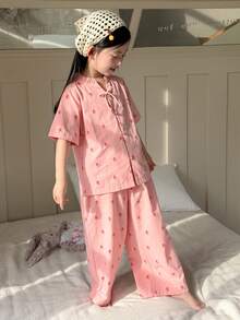 DAZY Conjunto de pijama de pantalón y blusa de manga corta con botones y estampado floral para niña, primavera-verano - Rosa - Ver 9