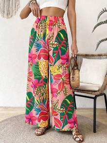 Coeurva 女士撞色印花直筒宽松弹力腰休闲裤 - 粉色 - 查看 6