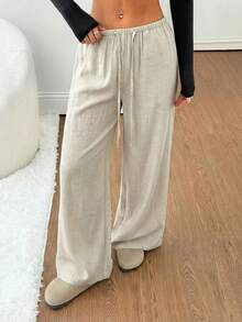 SHEIN PETITE 女士黑色纯色亚麻低腰直筒休闲裤，适合娇小身材，夏秋季穿着 - 杏色 - 查看 6