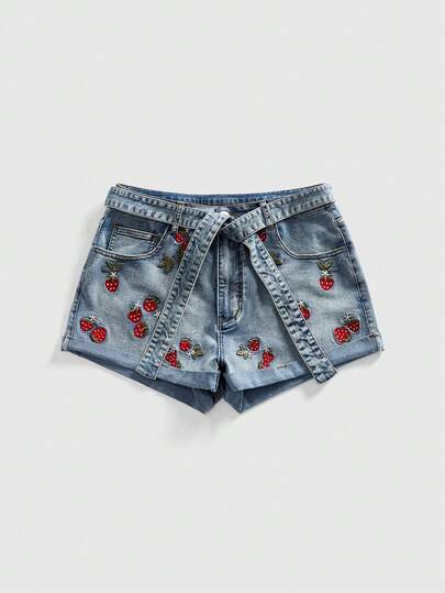 ROMWE Fairycore Quần short denim ôm dáng dễ thương thêu hình dâu tây, cỡ lớn, thích hợp cho mùa xuân/hè.