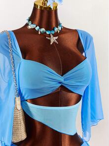 Amplova Vacation Two-Tone Cropped Asymmetrical Hem Blouse & Low Waist Mini Skirt Set For Women - Blue - View 5