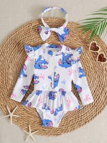 SHEIN 女婴可爱蝴蝶结兔子和大象印花发带（2件套）；女婴荷叶边袖泳衣；女婴拉链泳衣；女婴长袖泳衣；女婴防晒泳衣；幼儿女童长袖泳衣；幼儿防晒泳衣；女童可爱动物印花泳衣；幼儿夏季套装；亲子泳装 - 藍色 - 查看 8