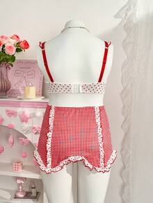 PetitDoll Valentine's Day Plus Size Cute Printed Patchwork Bow Decor Lingerie Set With Underwire, 3pcs - Red and White - View 8