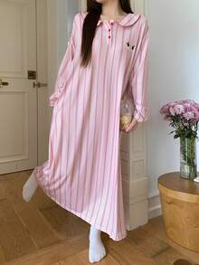 DAZY Cute Puppy Pattern Loose Striped Allover Print Peter Pan Collar Long Sleeve Long Nightgown Women Sleepwear Dress - Pink - View 5