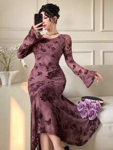 DAZY Women's Elegant Floral Print Wrap Dress, Spring/Summer - Purple - View 2