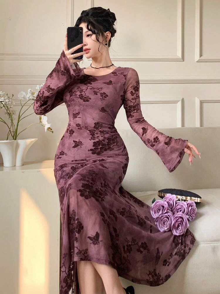 Women's Elegant Floral Print Wrap Dress, Spring/Summer