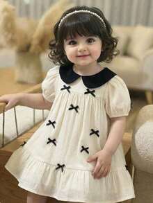 SHEIN Vestido con cuello Peter Pan y mangas abullonadas con moño 3D, casual y versátil para uso diario - Multicolor - Ver 1