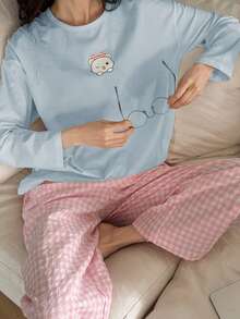 DAZY 2pcs/Set Women Cute Bear Pattern Loose Long Sleeve T-Shirt & Plaid Straight Long Pants Pajama Set, Spring - Blue - View 1