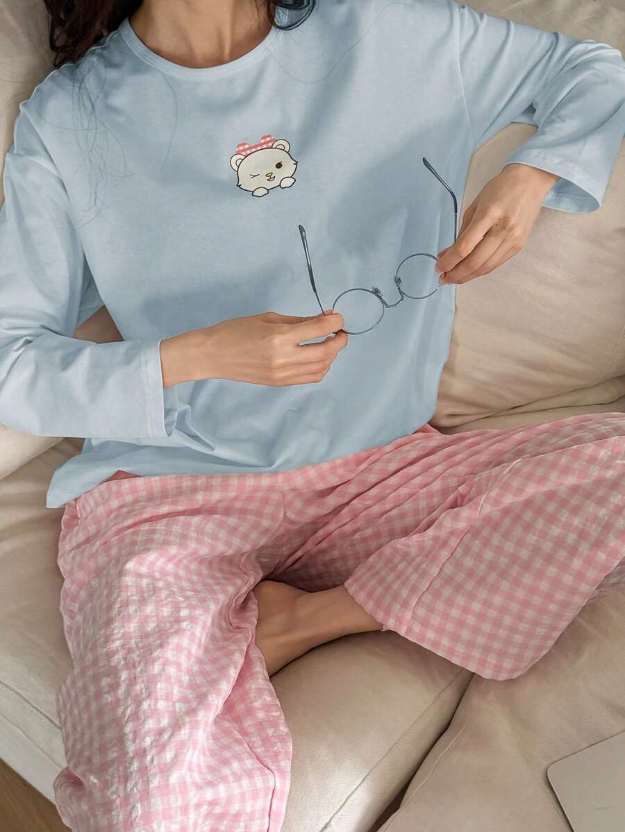 DAZY 2pcs/Set Women Cute Bear Pattern Loose Long Sleeve T-Shirt & Plaid Straight Long Pants Pajama Set, Spring - Blue - View 1