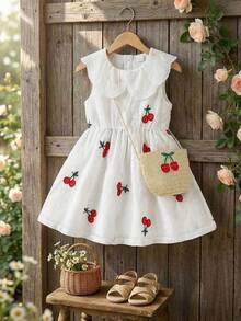 SHEIN Vintaside Kids Baby Girl Cherry Embroidered Sweet Princess Dress + Matching Cherry Accessory Bag, Sleeveless, Comfortable, Fashionable Outfit For Daily Wear - White - View 12