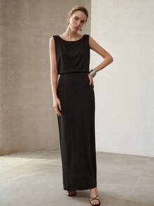 MOTF PREMIUM VESTIDO LARGO DE CUELLO REDONDO Y CINTURA ESBELTA - Negro - Ver 5