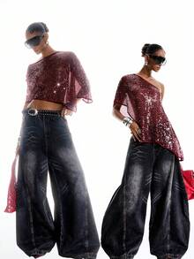 LYSMO Áo sequin bất đối xứng gợi cảm, phong cách tối giản, thời trang nữ Xuân/Hè 2026 mới về / Mùa hè / Mùa hè cho nữ / Mùa xuân cho nữ / Ngày lễ tình nhân / Valentine cho nữ / Valentine / Ngày lễ tình nhân / Sinh nhật cho nữ / Áo đi chơi - Màu đỏ tím - Xem 9