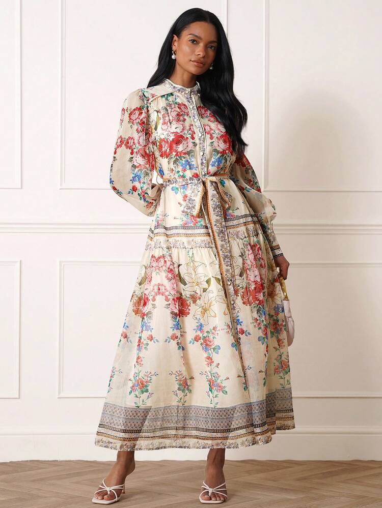 Lilora Elegant & Fashionable Tencel Placement Floral Print Flowing Stand Collar Single-Breasted Tie-Waist Pleated Flared Lantern Sleeve Long Dress, Suitable For Casual, Holiday, Formal Occasions For Women Pattern Outfits This Sophisticated, Stylish, Versatile, And Elegant Outfits Is Suitable For Commuting, Everyday Wear, Casual Outings, Parties, Dates, Gatherings, Leisure Activities, Picnics, Holidays, Vacations, And Holiday Travel.  From Spring To Summer,Summer Outfit, Summer Holiday Outfits , Casual - Multicolor - View 3