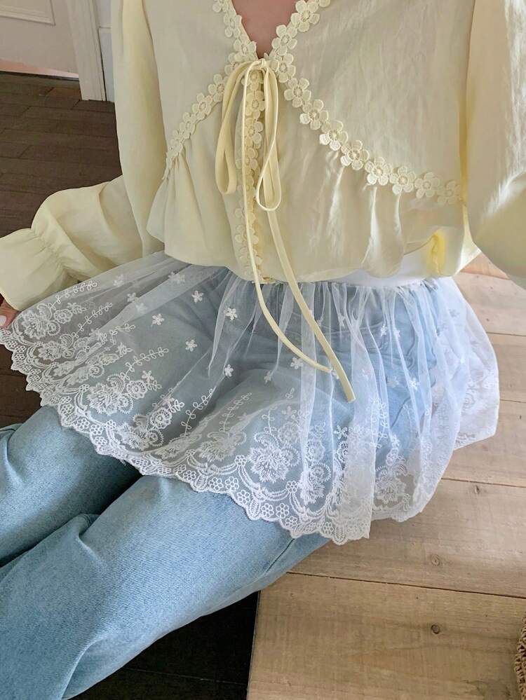 Dazy Plus Plus Size Women's Summer Casual Everyday Commute Versatile Elastic Waist Layered White Embroidered Mesh Sheer Skirt