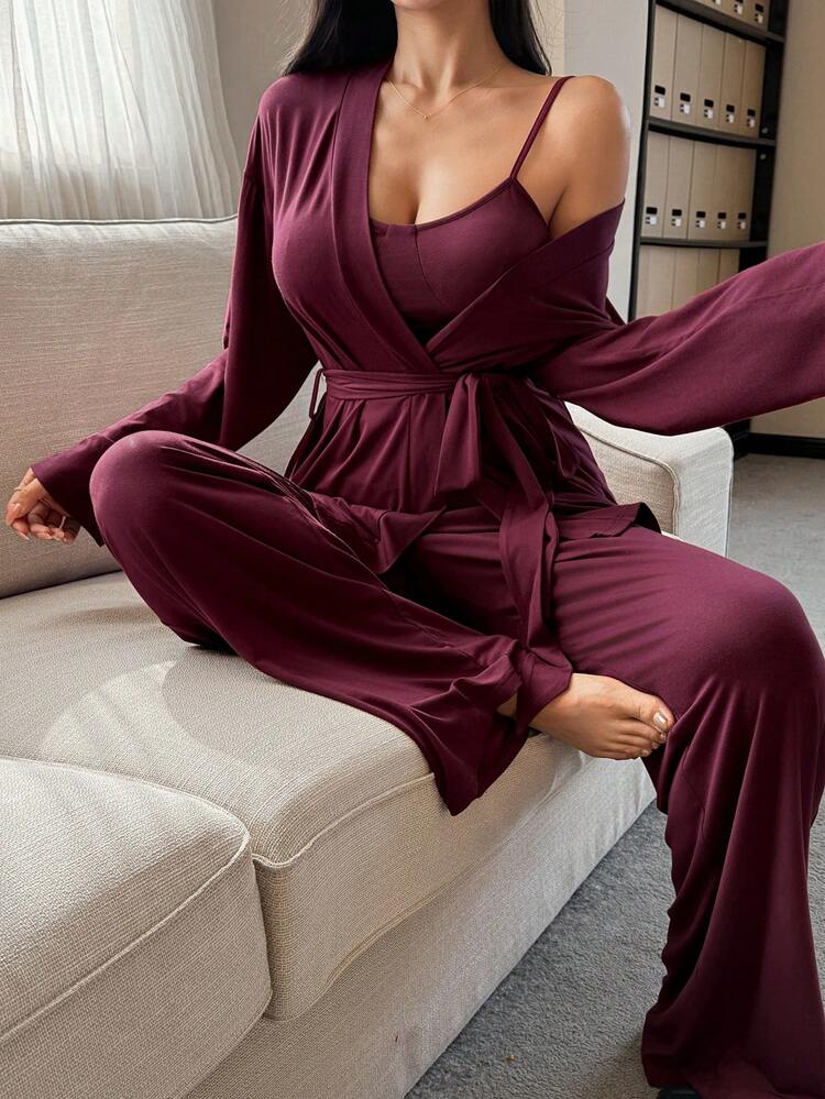 3pcs Comfortable Knit Robe, Camisole And Pants Women Sleepwear Set