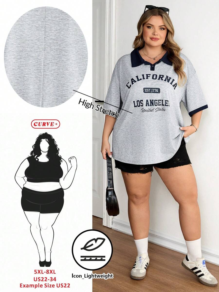SHEIN CURVE+ 大码休闲街头风撞色半拉链领 Polo 衫,宽松短袖 T 恤,适合春季返校季 - 灰色 - 查看 1
